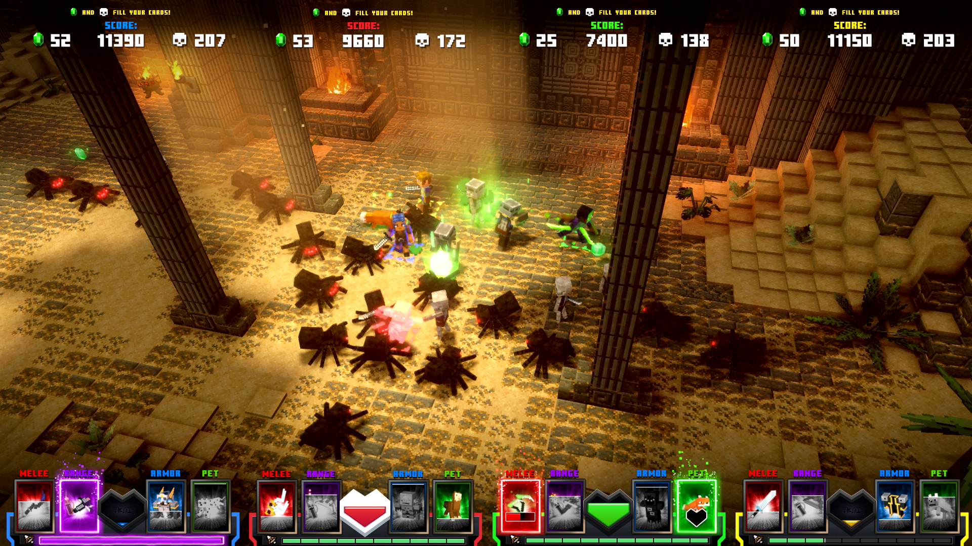 Minecraft Dungeons Arcade screenshot: voxel, stylized 3d, three-quarter, no outlines, soft gradient (environment, combat)