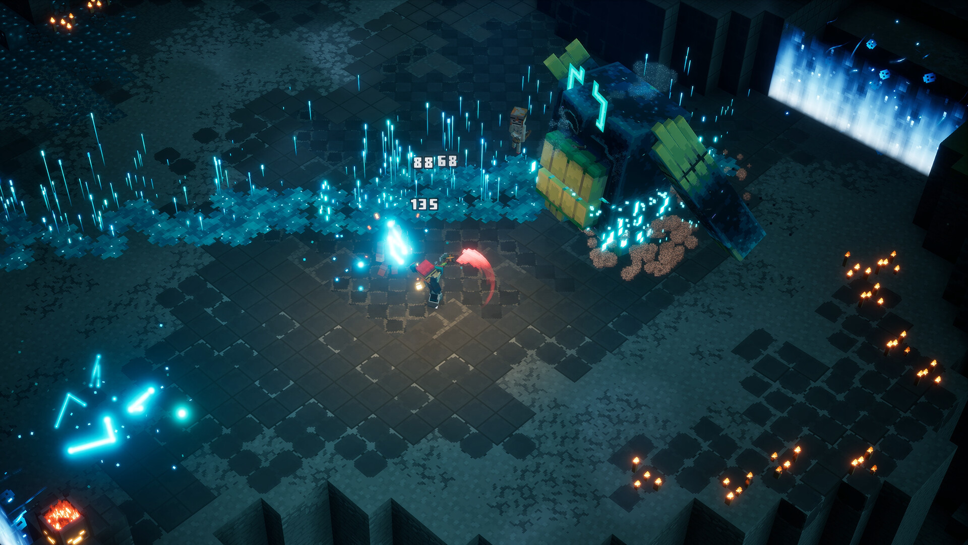 Minecraft Dungeons II screenshot: voxel, isometric, no outlines, soft gradient (environment, combat)