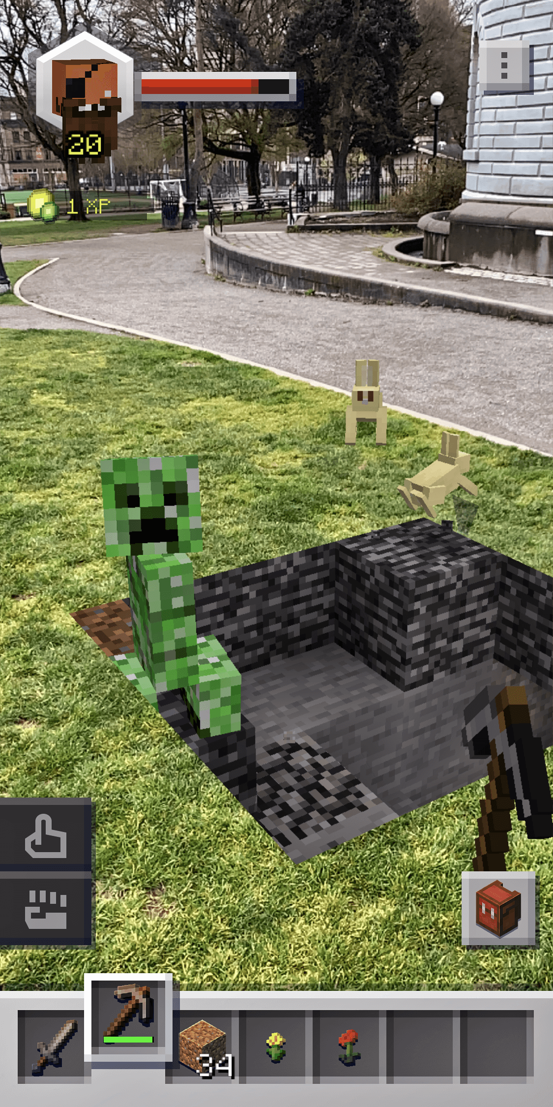 Minecraft Earth screenshot: voxel, diorama, first-person, three-quarter, no outlines (environment, character)