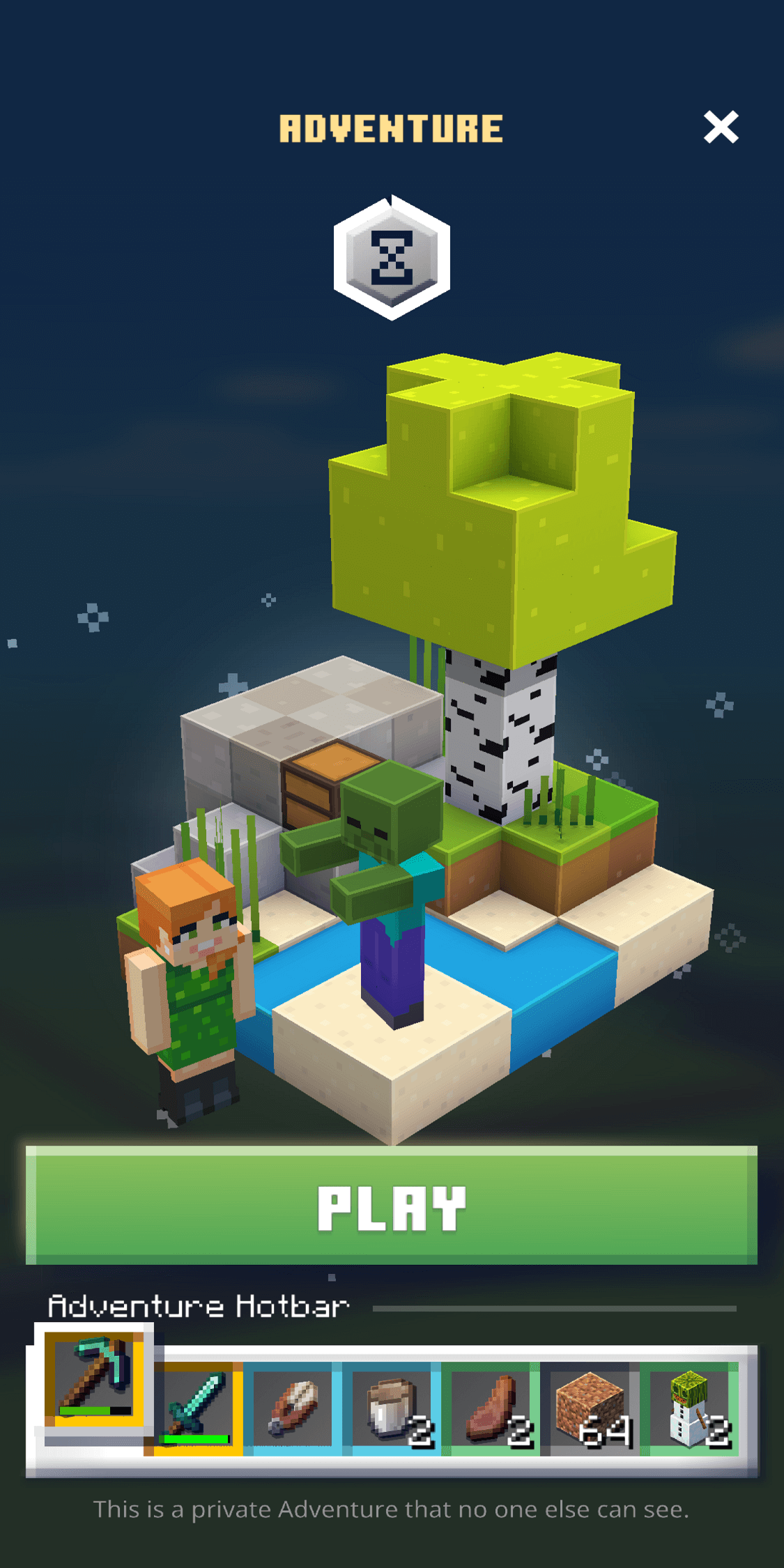 Minecraft Earth screenshot: voxel, diorama, first-person, three-quarter, no outlines (ui / menu)