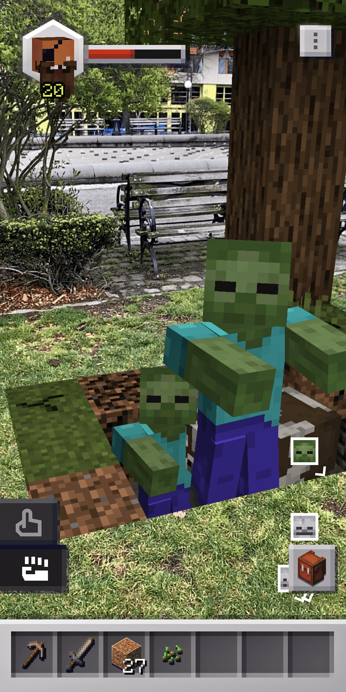Minecraft Earth screenshot: voxel, diorama, first-person, three-quarter, no outlines (environment, character)