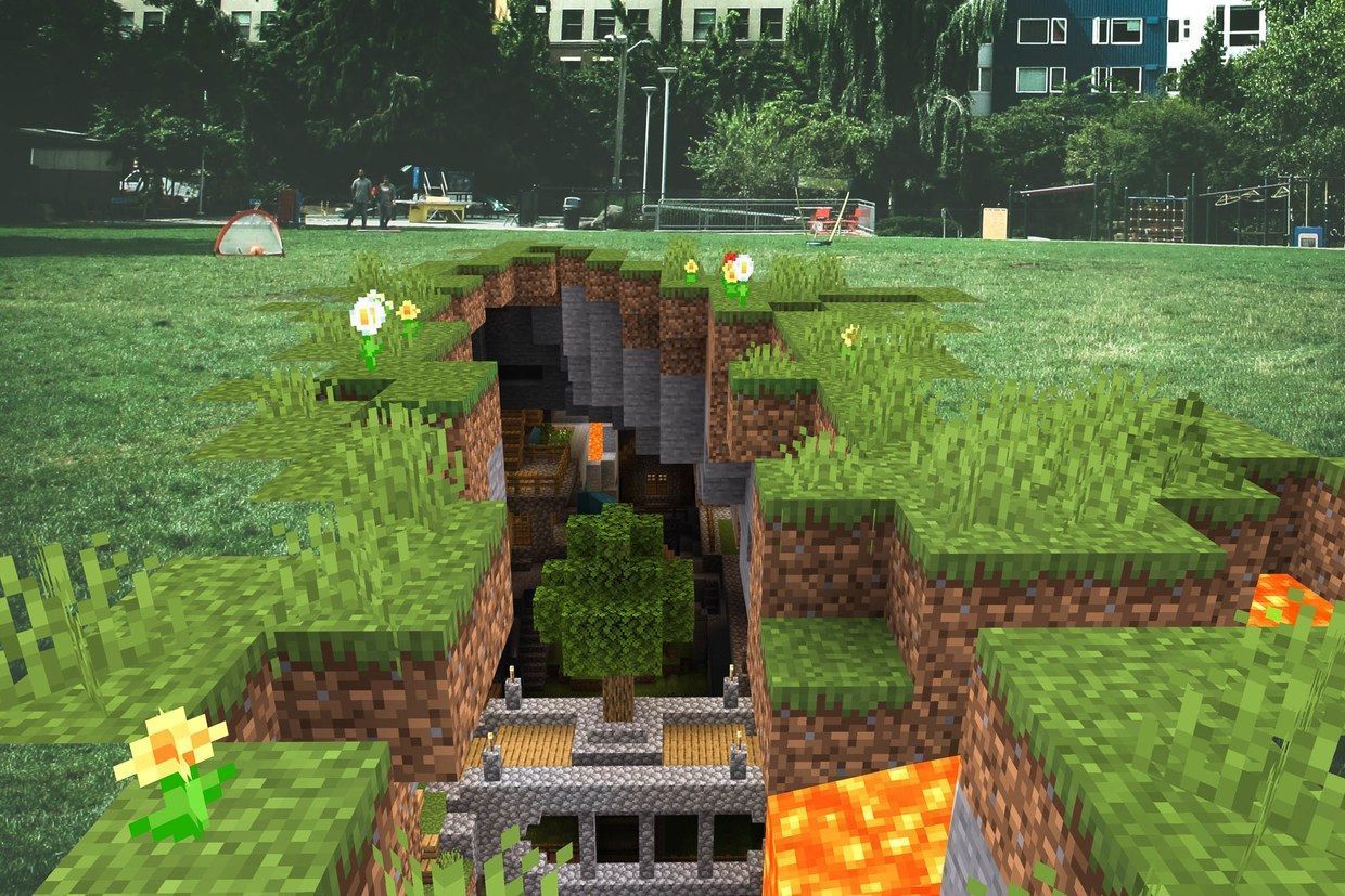 Minecraft Earth screenshot: voxel, diorama, first-person, three-quarter, no outlines (environment)