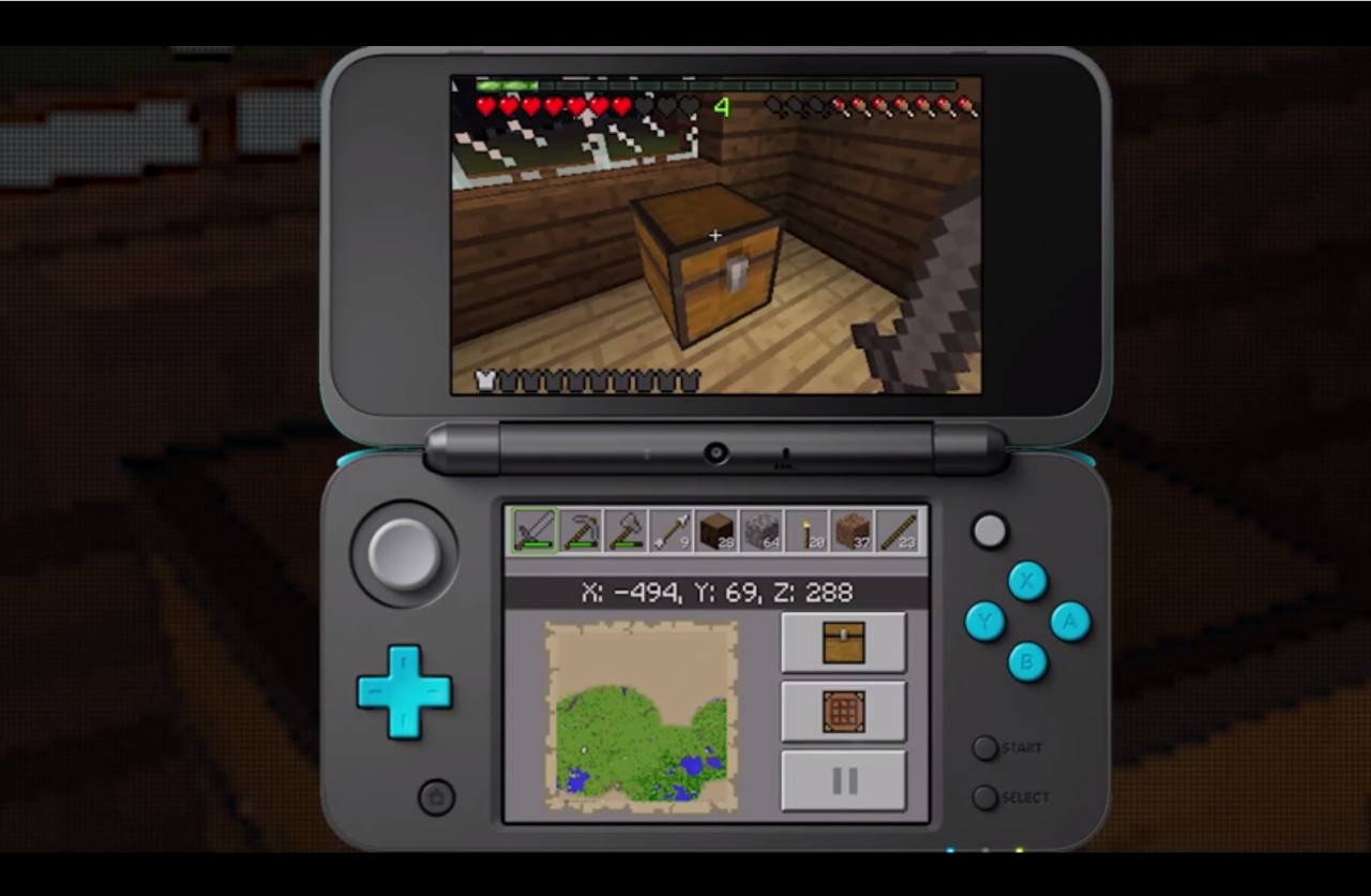 Minecraft: New Nintendo 3DS Edition screenshot: voxel, first-person, no outlines (environment, ui / menu)