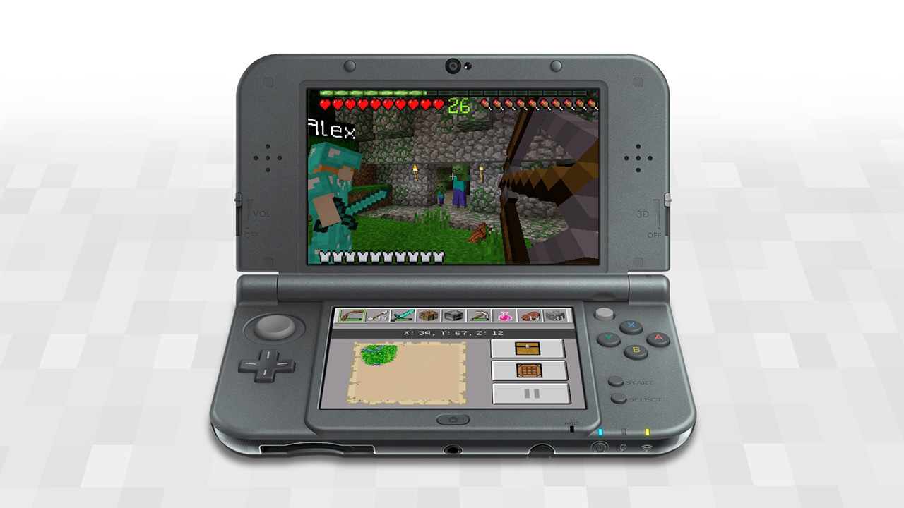 Minecraft: New Nintendo 3DS Edition screenshot: voxel, first-person, no outlines (combat, ui / menu)