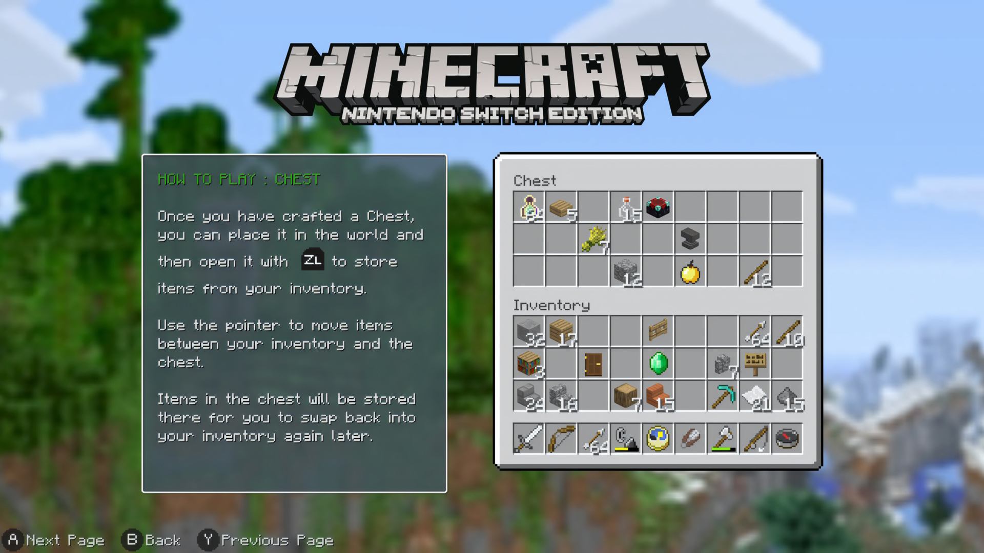 Minecraft: Nintendo Switch Edition screenshot: voxel, first-person, no outlines (ui / menu)