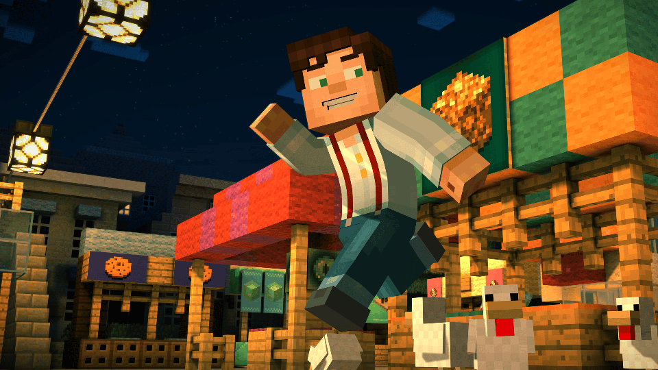 Minecraft: Story Mode screenshot: voxel, low-poly, third-person, fixed camera, no outlines, soft gradient (environment, character)