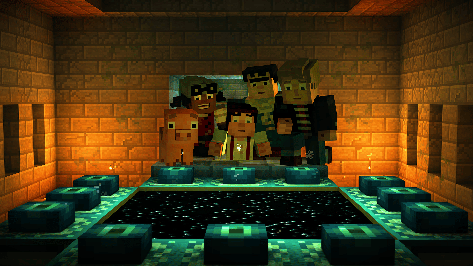 Minecraft: Story Mode screenshot: voxel, low-poly, third-person, fixed camera, no outlines, soft gradient (environment, character)