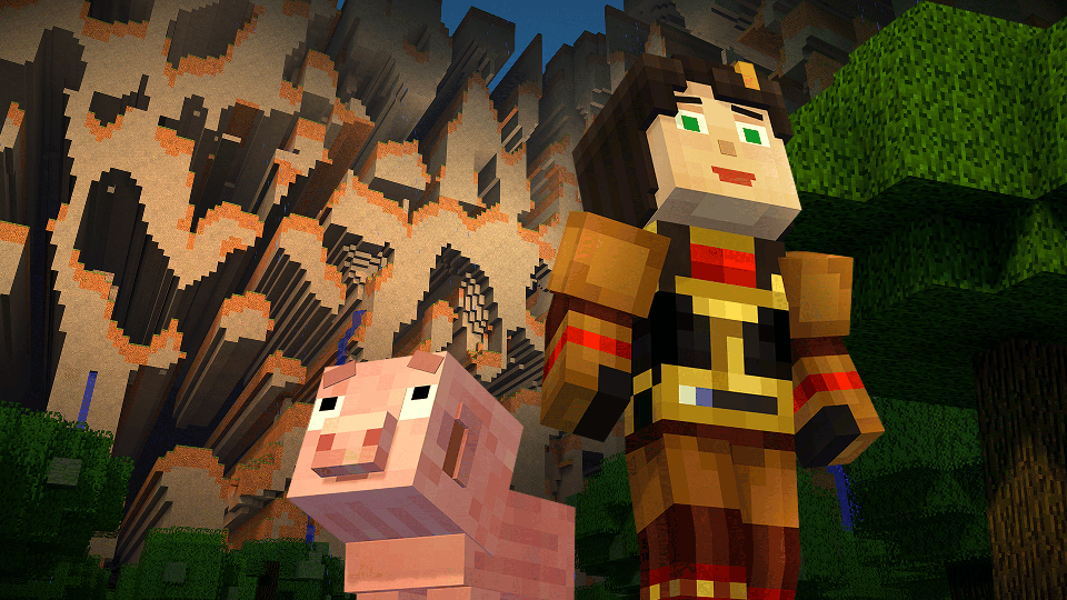 Minecraft: Story Mode screenshot: voxel, low-poly, third-person, fixed camera, no outlines, soft gradient (character)