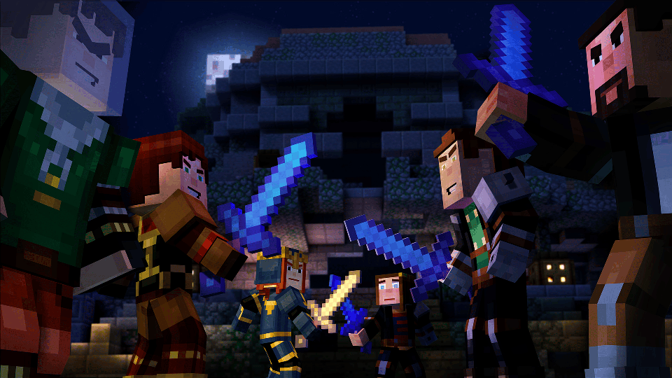 Minecraft: Story Mode screenshot: voxel, low-poly, third-person, fixed camera, no outlines, soft gradient (combat)