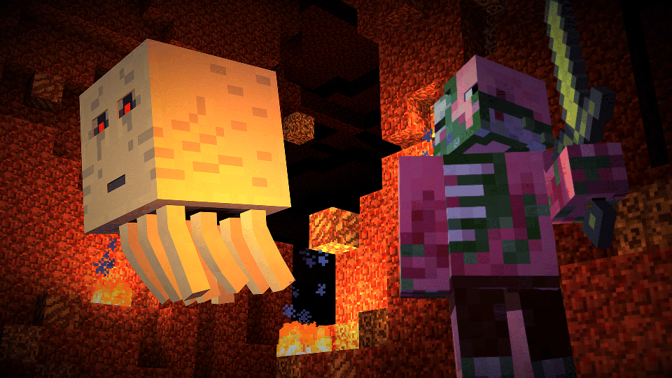Minecraft: Story Mode screenshot: voxel, low-poly, third-person, fixed camera, no outlines, soft gradient (environment, character)