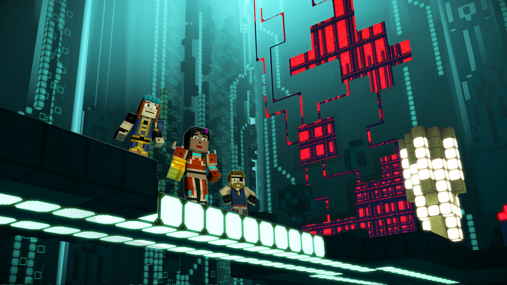 Minecraft: Story Mode - Season Two screenshot: voxel, stylized 3d, third-person, fixed camera, no outlines, soft gradient (environment, character, cutscene)