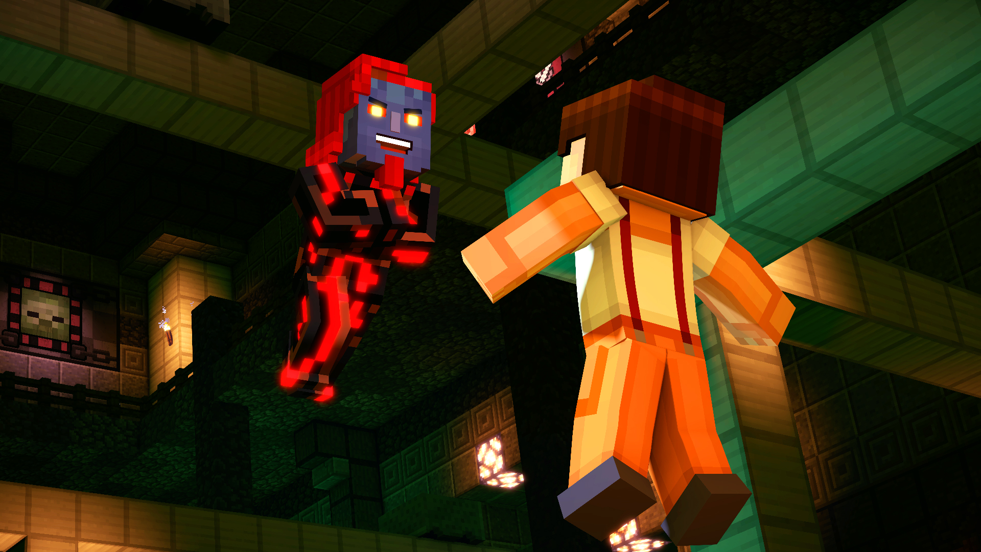 Minecraft: Story Mode - Season Two screenshot: voxel, stylized 3d, third-person, fixed camera, no outlines, soft gradient (environment, character, combat, cutscene)