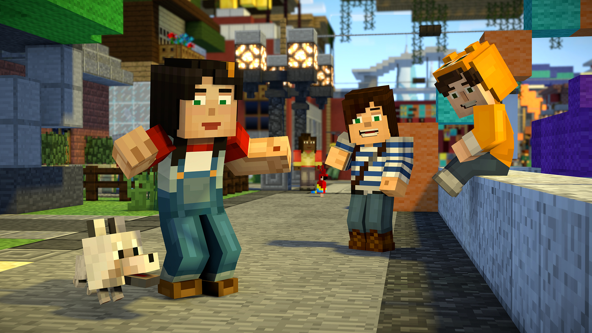 Minecraft: Story Mode - Season Two screenshot: voxel, stylized 3d, third-person, fixed camera, no outlines, soft gradient (environment, character, cutscene)