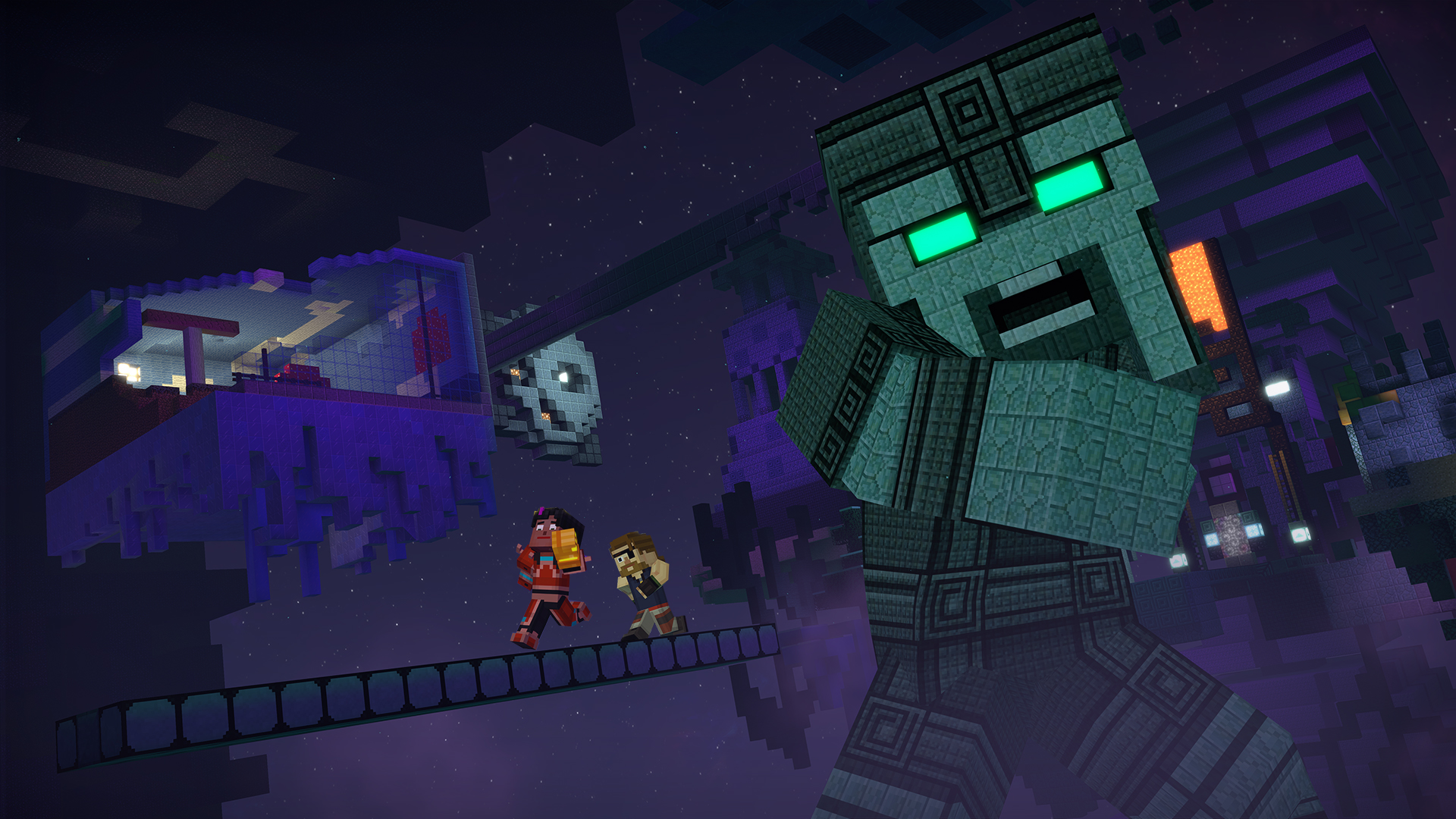 Minecraft: Story Mode - Season Two screenshot: voxel, stylized 3d, third-person, fixed camera, no outlines, soft gradient (environment, character, combat, cutscene)
