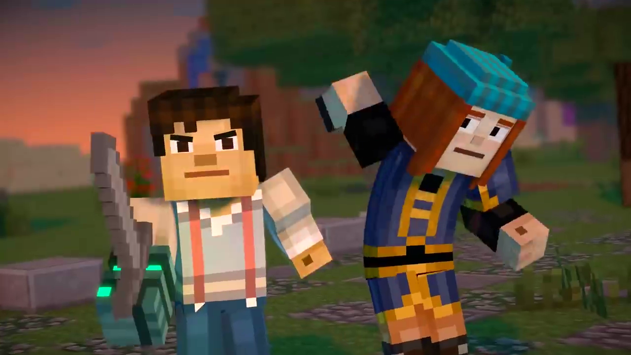 Minecraft: Story Mode - Season Two screenshot: voxel, stylized 3d, third-person, fixed camera, no outlines, soft gradient (environment, character, cutscene)