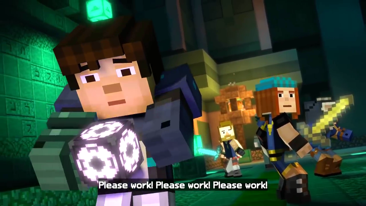 Minecraft: Story Mode - Season Two screenshot: voxel, stylized 3d, third-person, fixed camera, no outlines, soft gradient (environment, character, cutscene)