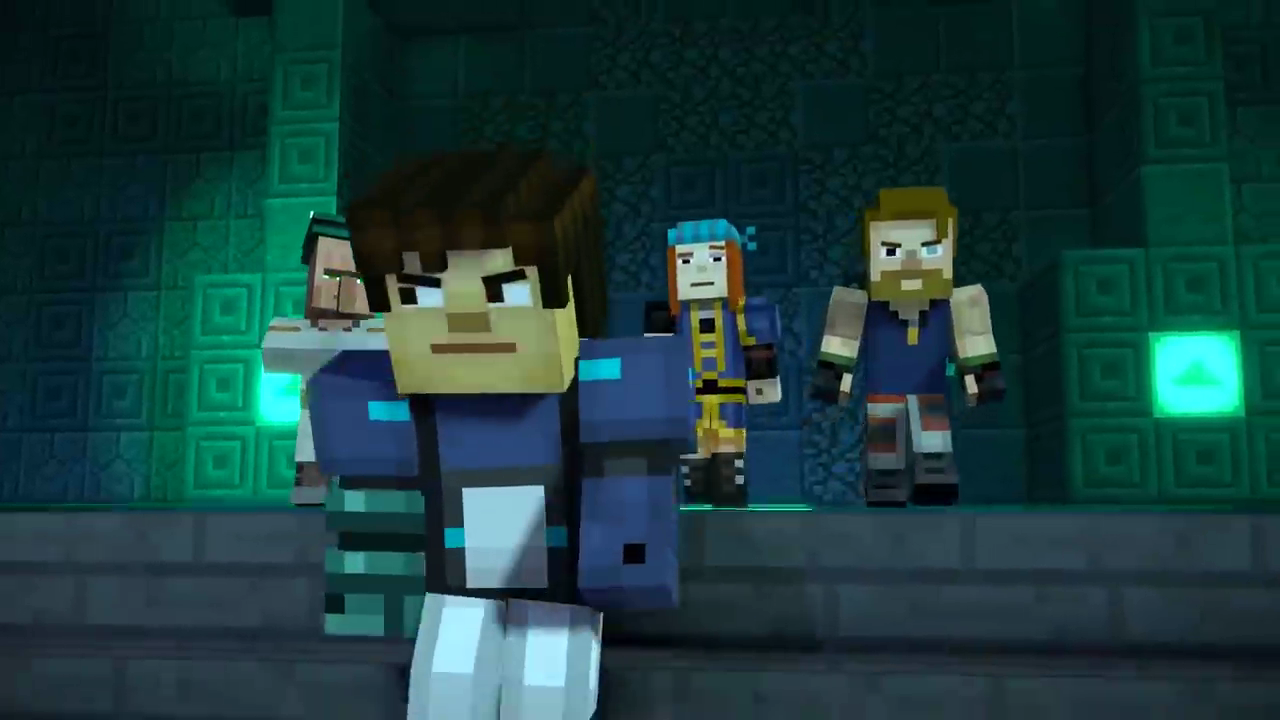 Minecraft: Story Mode - Season Two screenshot: voxel, stylized 3d, third-person, fixed camera, no outlines, soft gradient (environment, character, cutscene)
