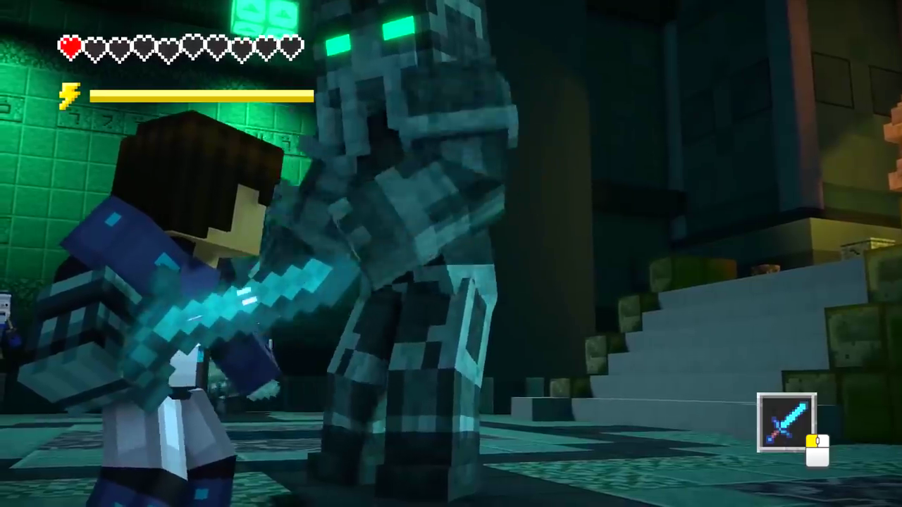 Minecraft: Story Mode - Season Two screenshot: voxel, stylized 3d, third-person, fixed camera, no outlines, soft gradient (environment, character, combat)