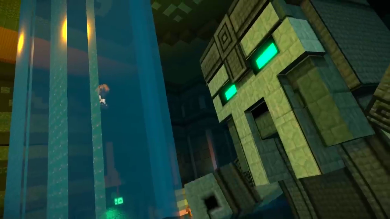 Minecraft: Story Mode - Season Two screenshot: voxel, stylized 3d, third-person, fixed camera, no outlines, soft gradient (environment, combat, cutscene)