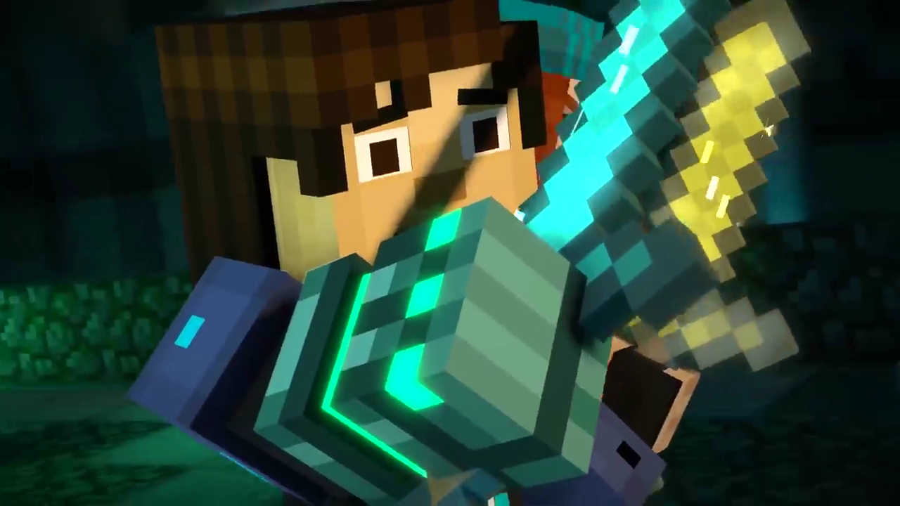 Minecraft: Story Mode - Season Two screenshot: voxel, stylized 3d, third-person, fixed camera, no outlines, soft gradient (character, combat, cutscene)