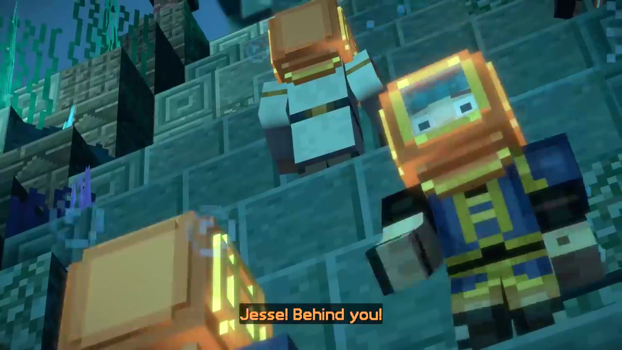 Minecraft: Story Mode - Season Two screenshot: voxel, stylized 3d, third-person, fixed camera, no outlines, soft gradient (environment, character, cutscene)