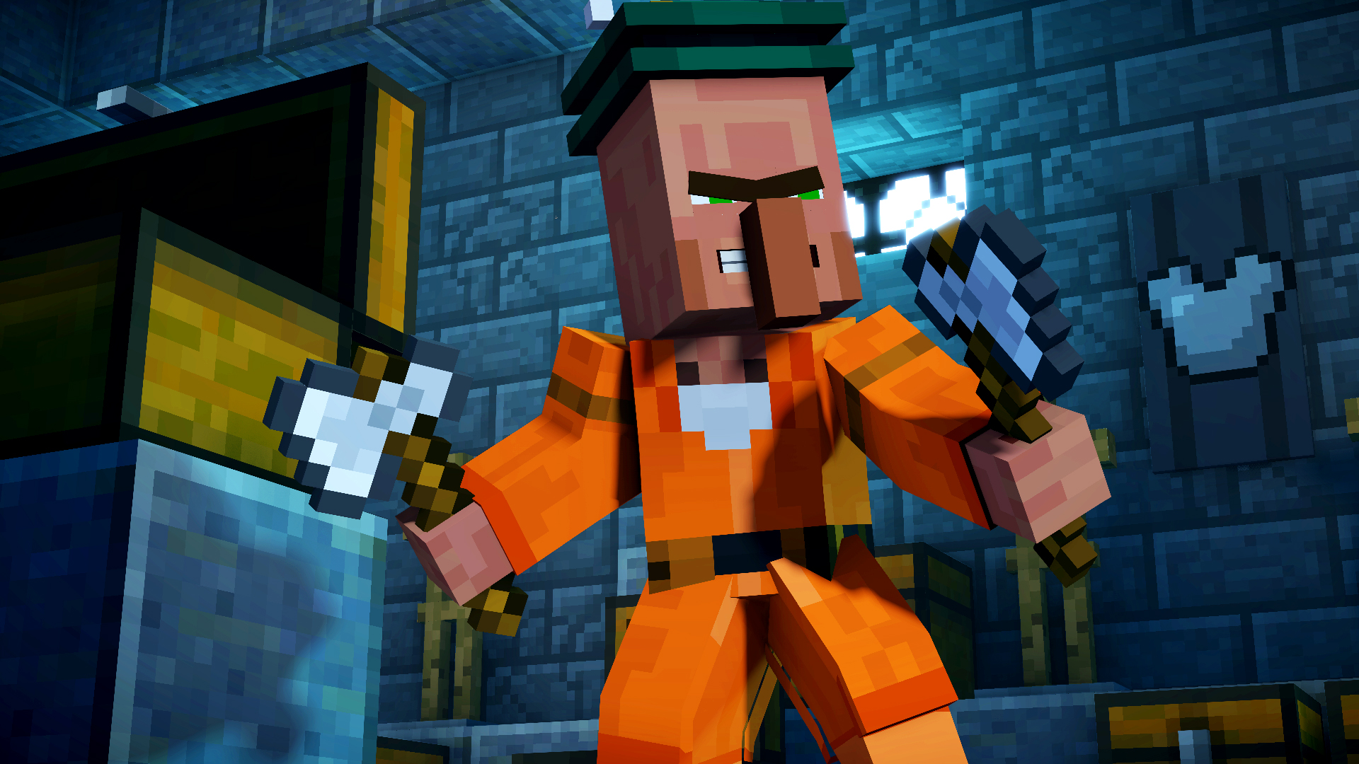 Minecraft: Story Mode - Season Two screenshot: voxel, stylized 3d, third-person, fixed camera, no outlines, soft gradient (environment, character, cutscene)