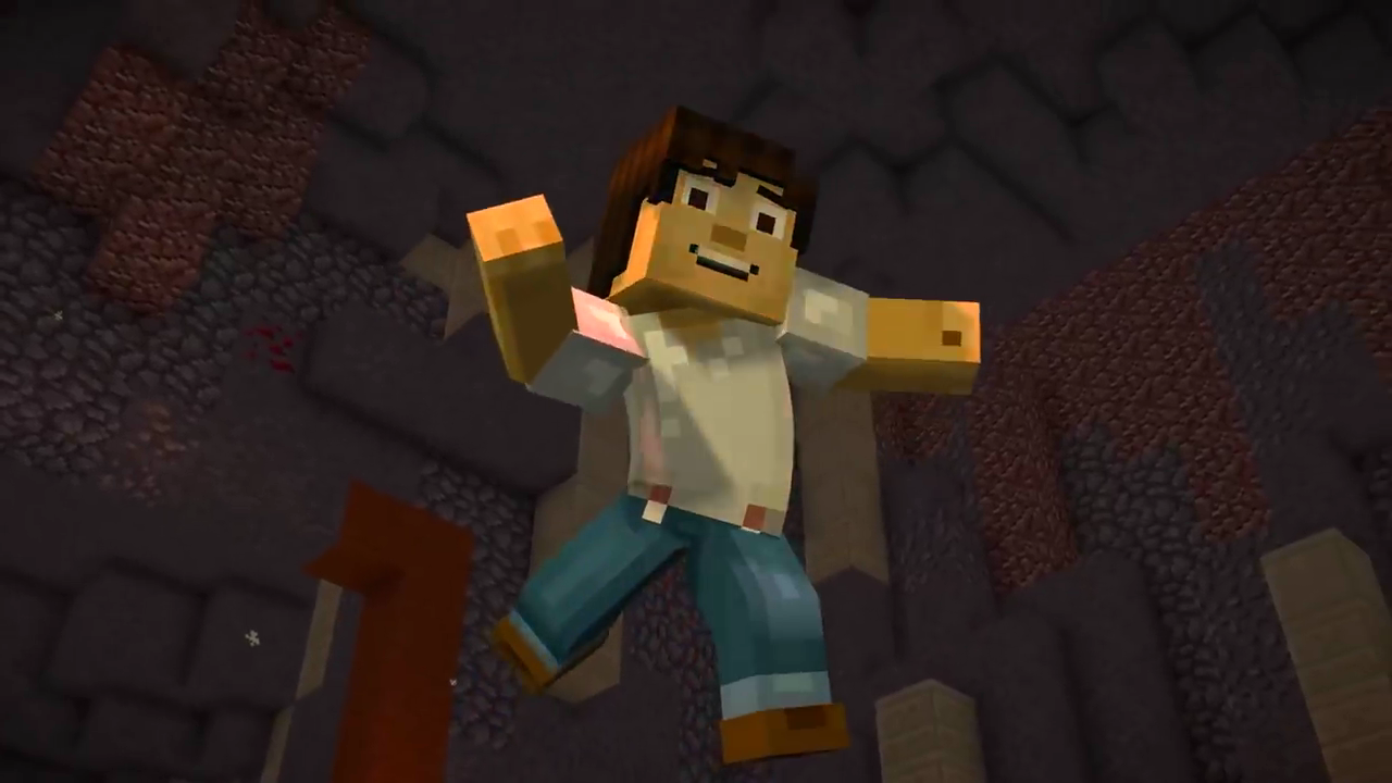 Minecraft: Story Mode - Season Two screenshot: voxel, stylized 3d, third-person, fixed camera, no outlines, soft gradient (environment, character, combat, cutscene)