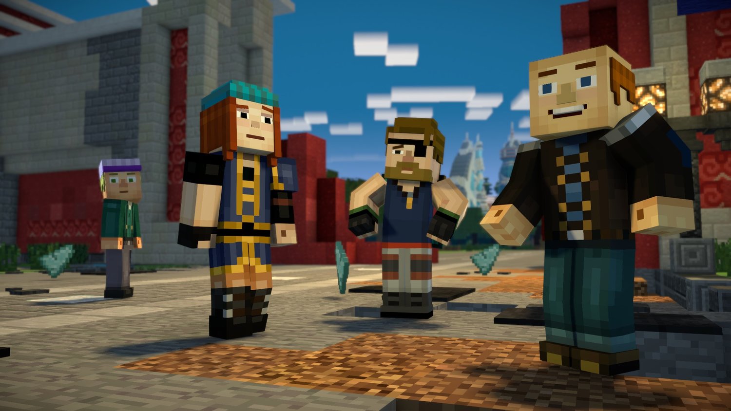 Minecraft: Story Mode - Season Two screenshot: voxel, stylized 3d, third-person, fixed camera, no outlines, soft gradient (environment, character, cutscene)