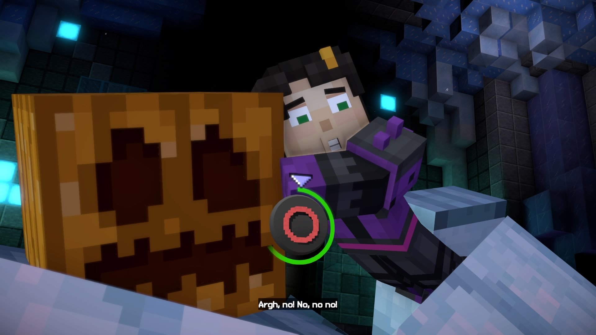Minecraft: Story Mode - Season Two screenshot: voxel, stylized 3d, third-person, fixed camera, no outlines, soft gradient (environment, character, combat)