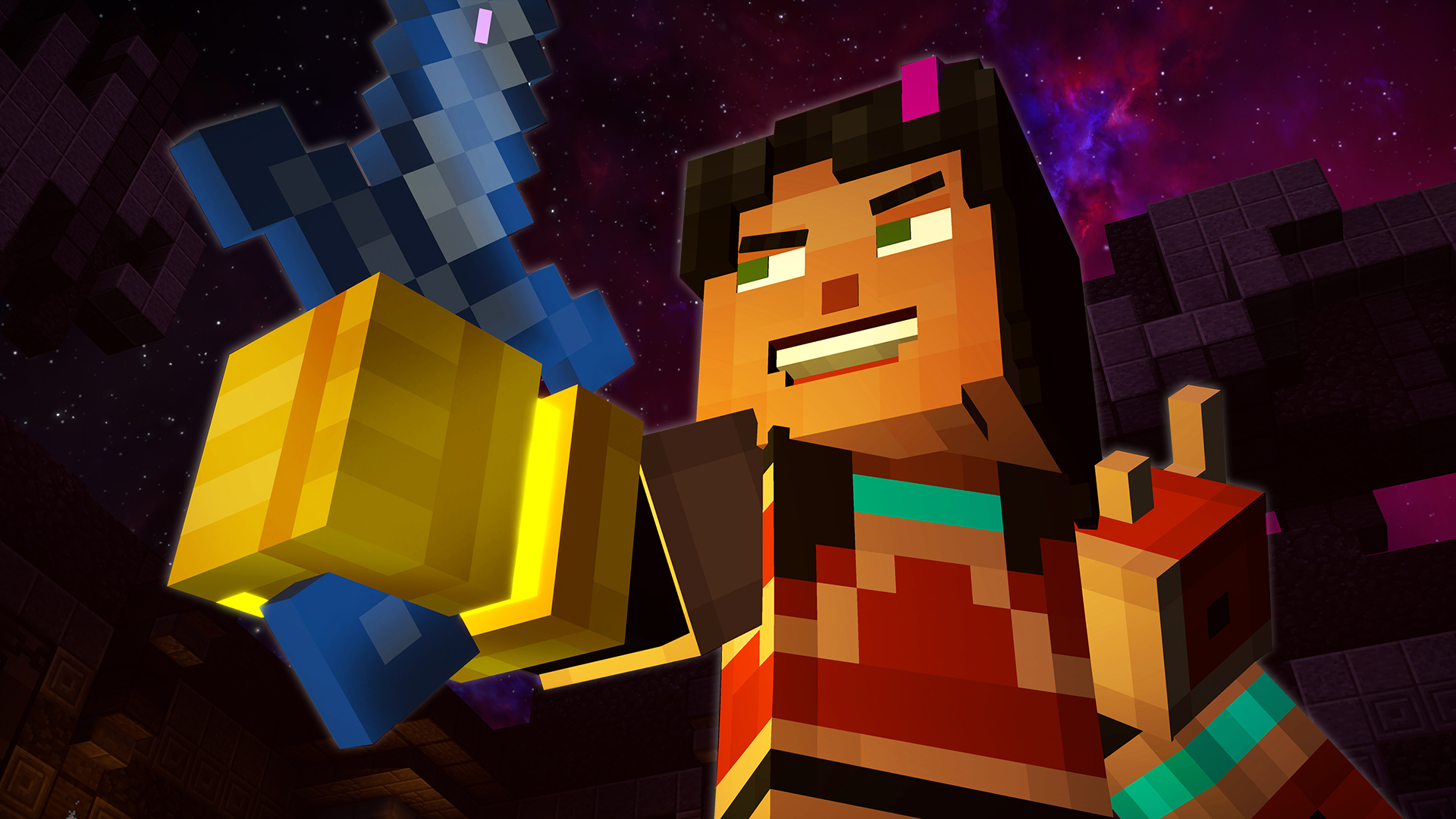 Minecraft: Story Mode - Season Two screenshot: voxel, stylized 3d, third-person, fixed camera, no outlines, soft gradient (character, cutscene)