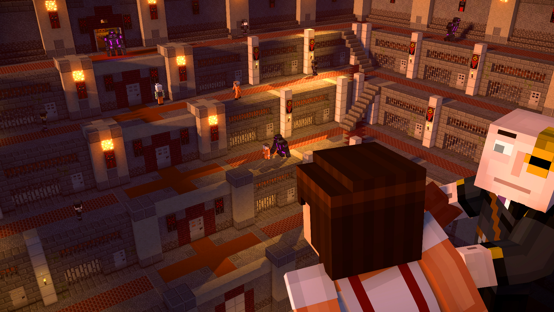 Minecraft: Story Mode - Season Two screenshot: voxel, stylized 3d, third-person, fixed camera, no outlines, soft gradient (environment, character, cutscene)