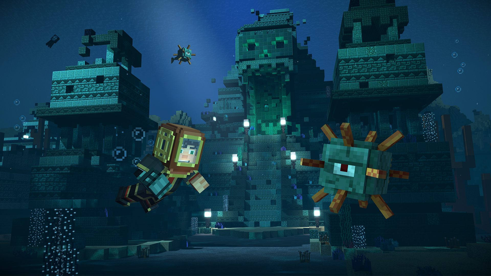 Minecraft: Story Mode - Season Two screenshot: voxel, stylized 3d, third-person, fixed camera, no outlines, soft gradient (environment, character, cutscene)