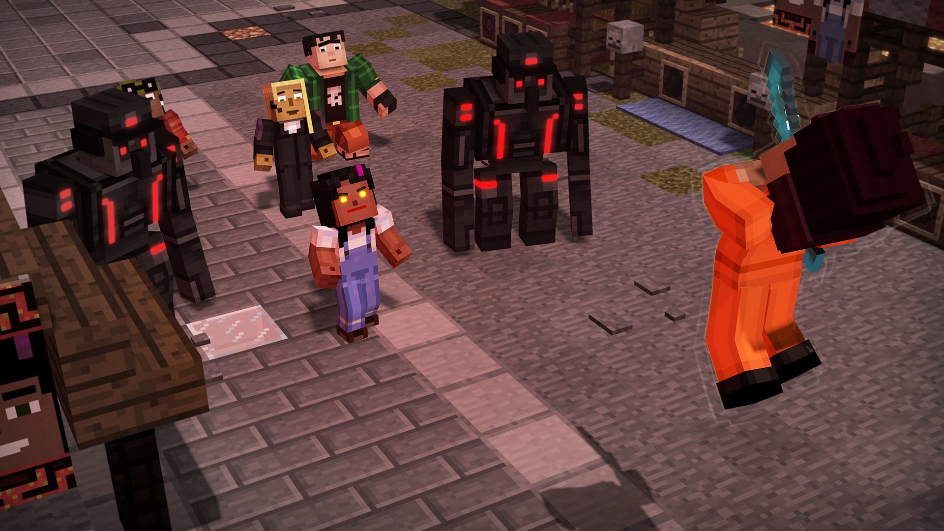 Minecraft: Story Mode - Season Two screenshot: voxel, stylized 3d, third-person, fixed camera, no outlines, soft gradient (environment, character, cutscene)