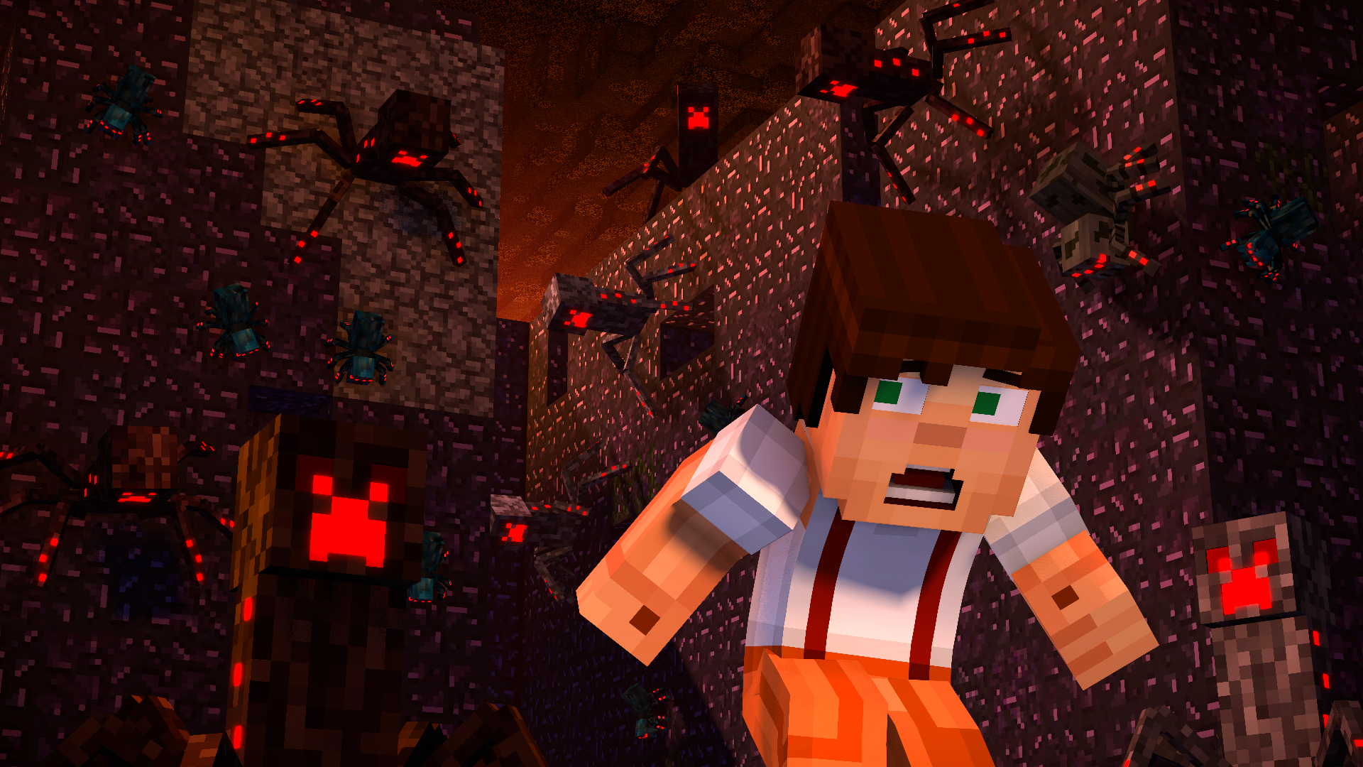Minecraft: Story Mode - Season Two screenshot: voxel, stylized 3d, third-person, fixed camera, no outlines, soft gradient (environment, character, combat, cutscene)