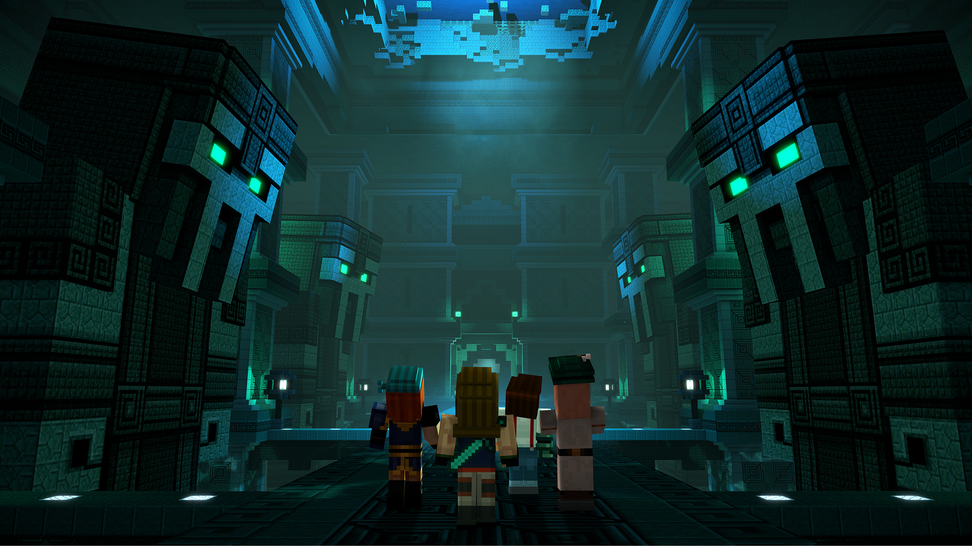 Minecraft: Story Mode - Season Two screenshot: voxel, stylized 3d, third-person, fixed camera, no outlines, soft gradient (environment, cutscene)