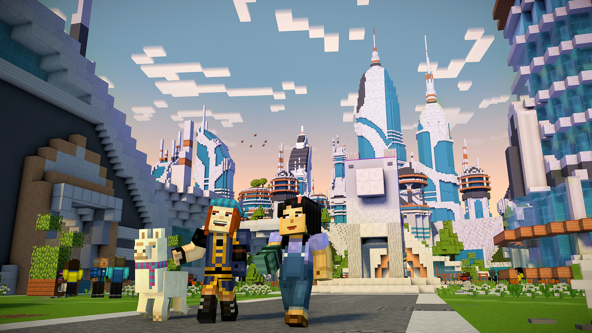 Minecraft: Story Mode - Season Two screenshot: voxel, stylized 3d, third-person, fixed camera, no outlines, soft gradient (environment, character, cutscene)