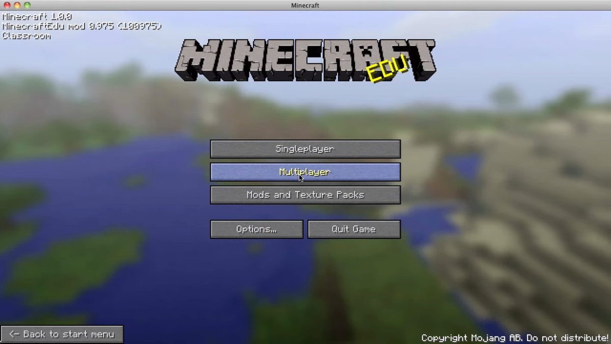 MinecraftEdu screenshot: voxel, first-person, no outlines (ui / menu)