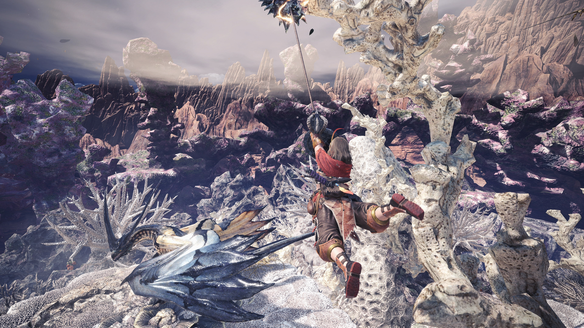 Monster Hunter: World screenshot: realistic, third-person, no outlines, realistic lighting (environment, character, combat)