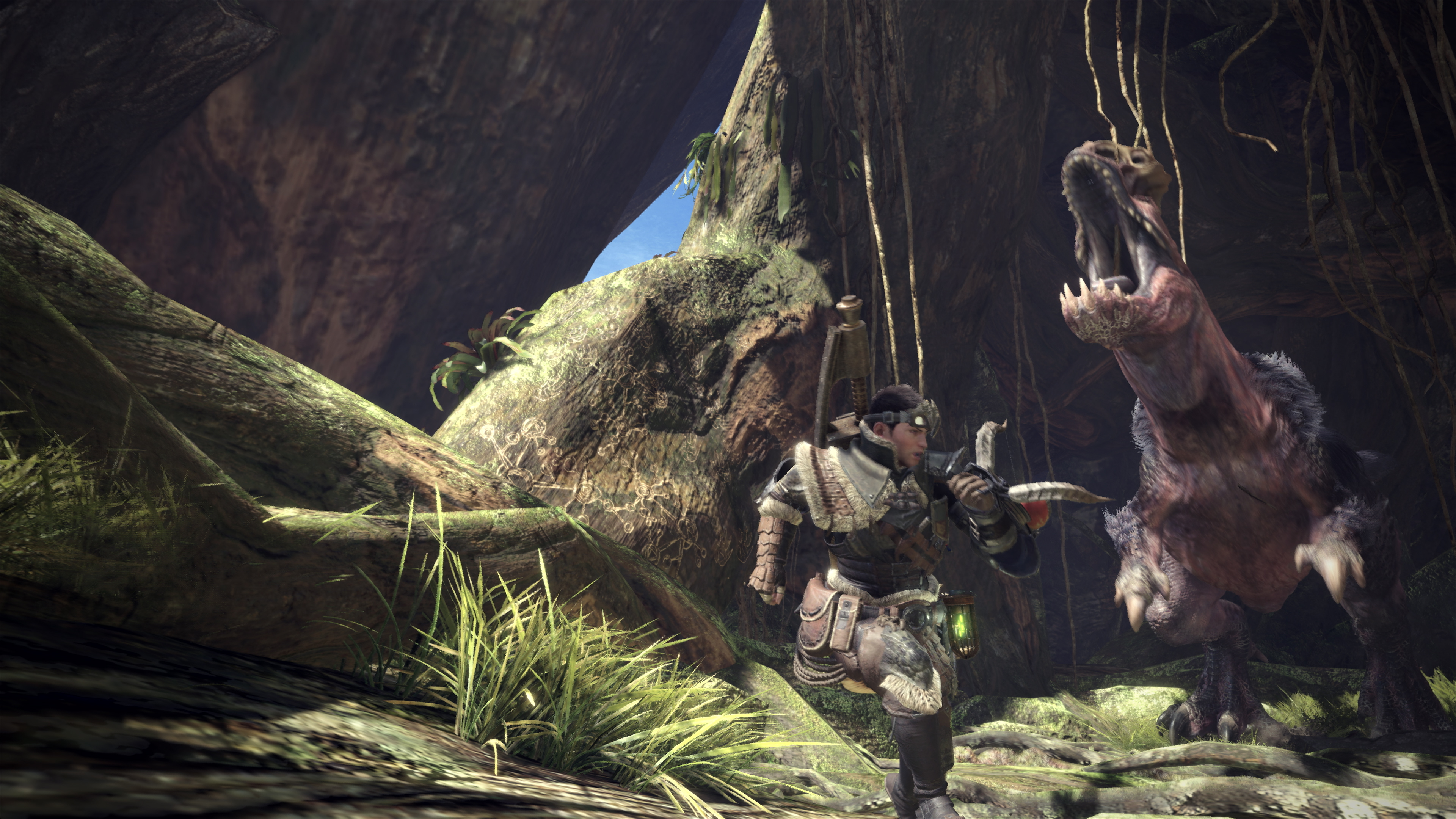 Monster Hunter: World screenshot: realistic, third-person, no outlines, realistic lighting (environment, character, combat)