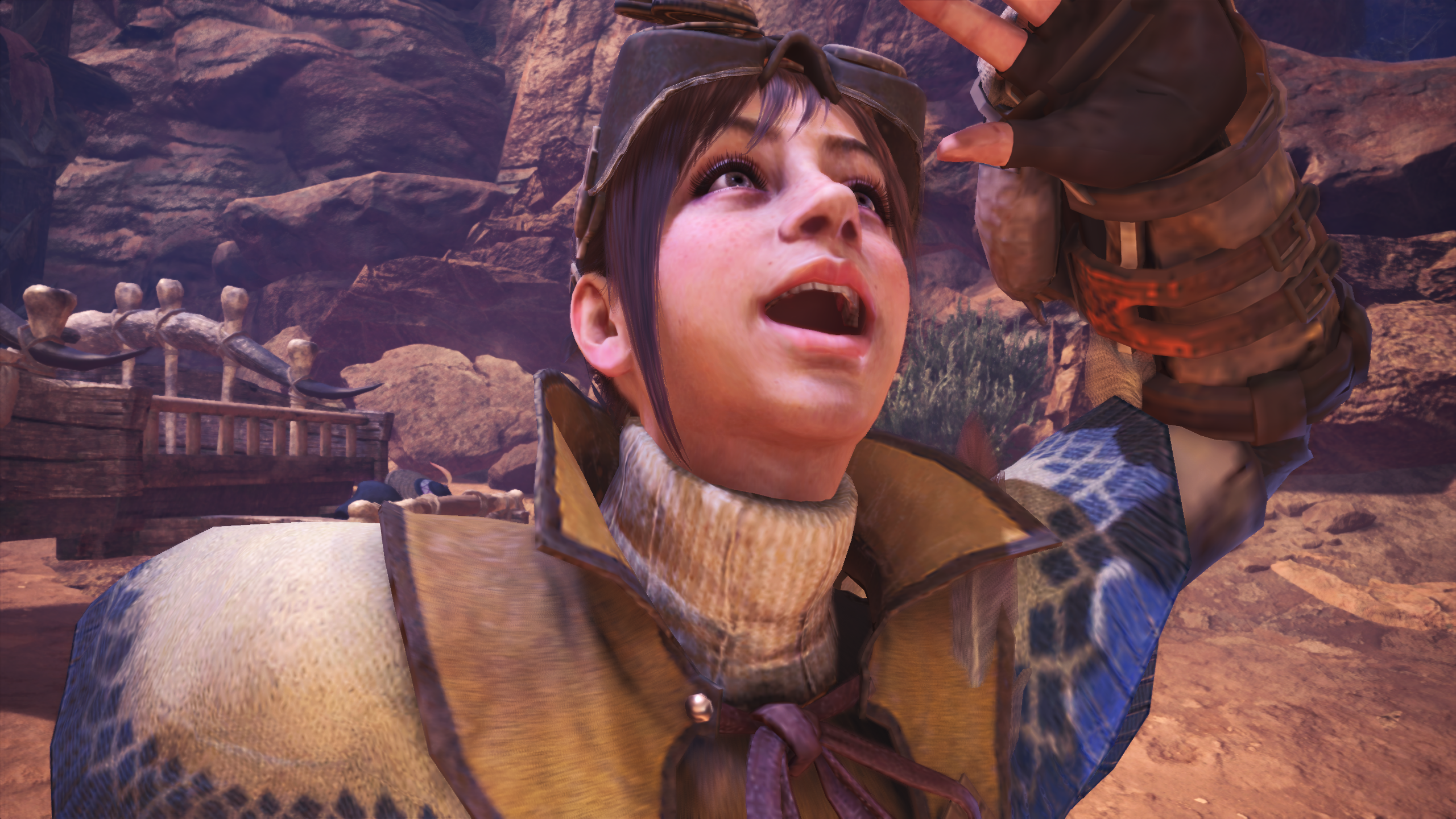 Monster Hunter: World screenshot: realistic, third-person, no outlines, realistic lighting (character, environment, cutscene)
