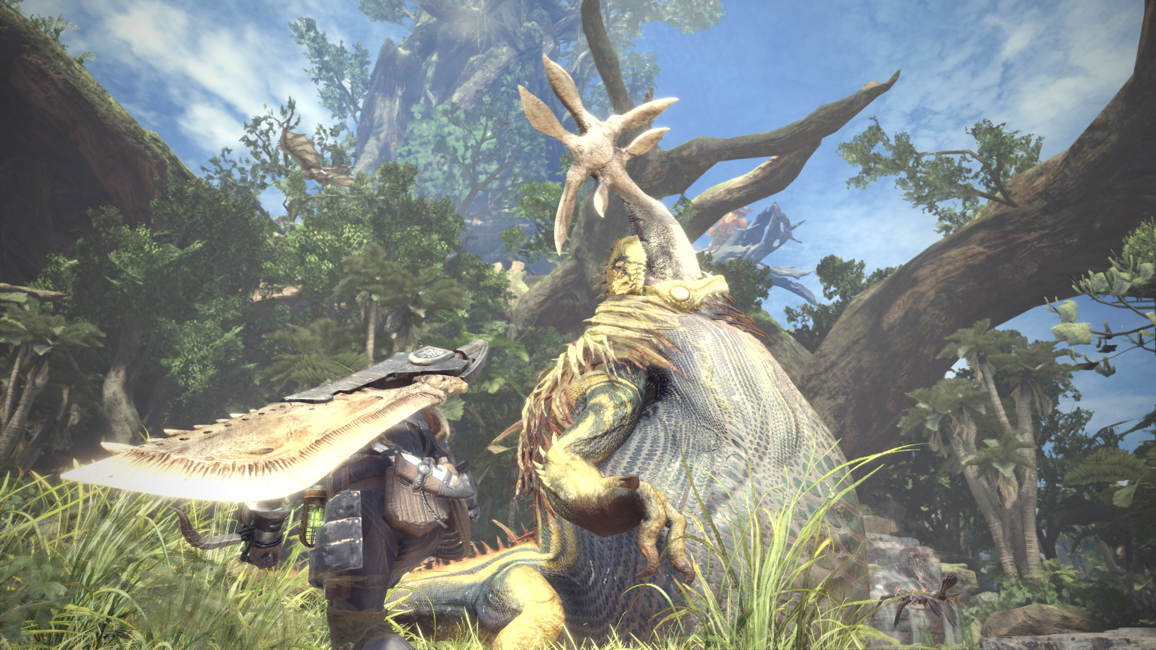 Monster Hunter: World screenshot: realistic, third-person, no outlines, realistic lighting (environment, character, combat)