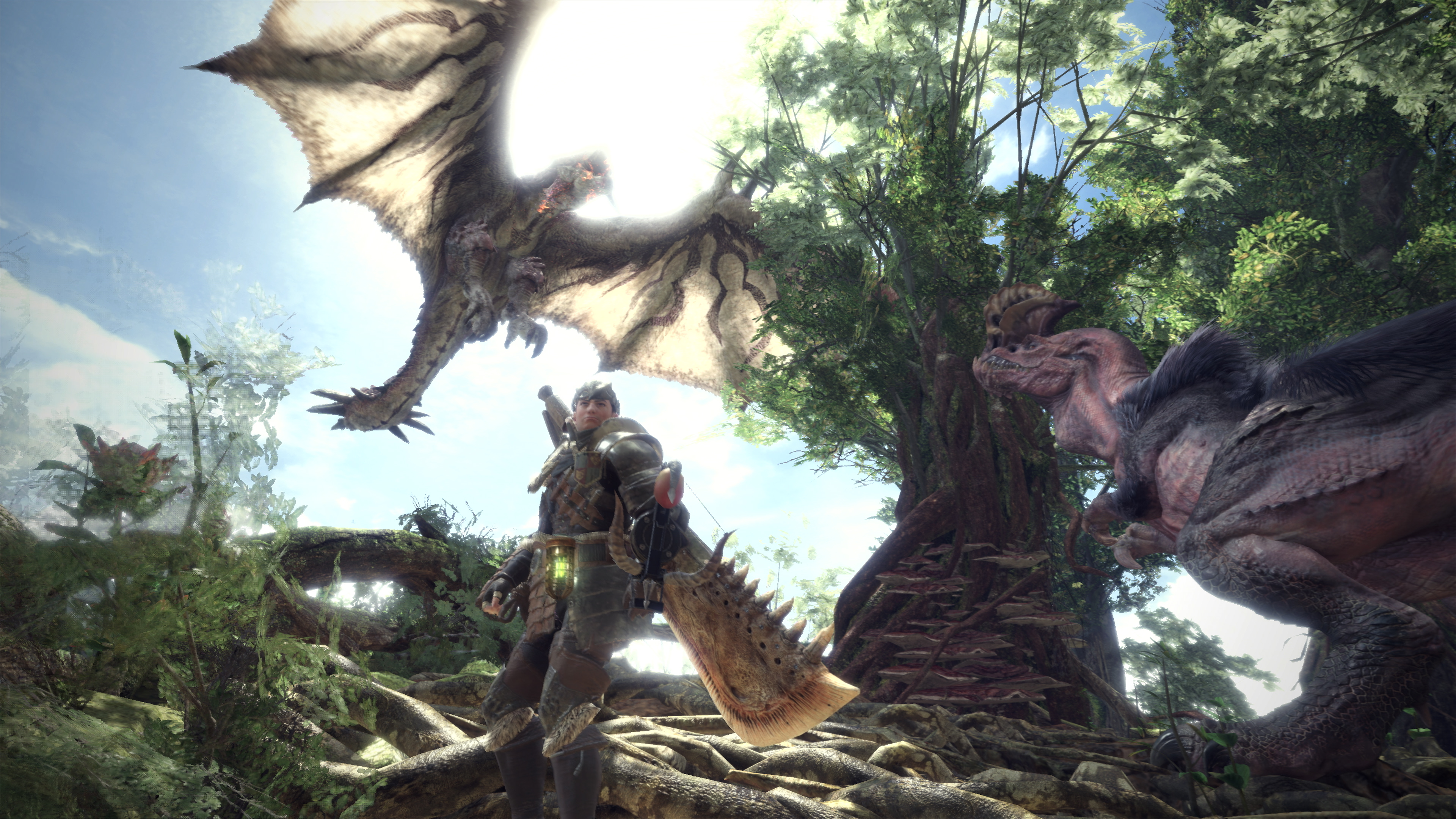 Monster Hunter: World screenshot: realistic, third-person, no outlines, realistic lighting (environment, character, combat)