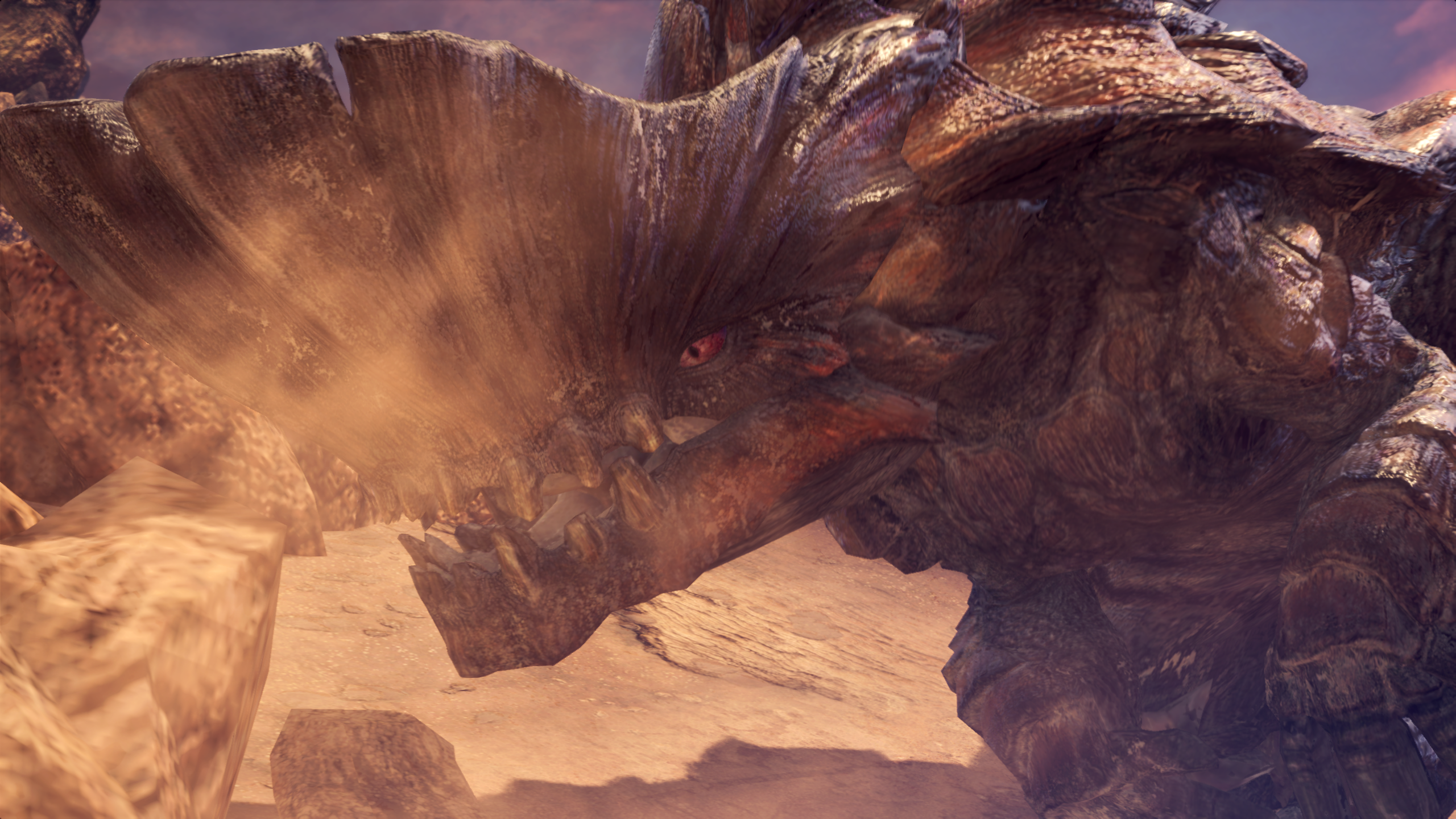 Monster Hunter: World screenshot: realistic, third-person, no outlines, realistic lighting (environment, character, cutscene)