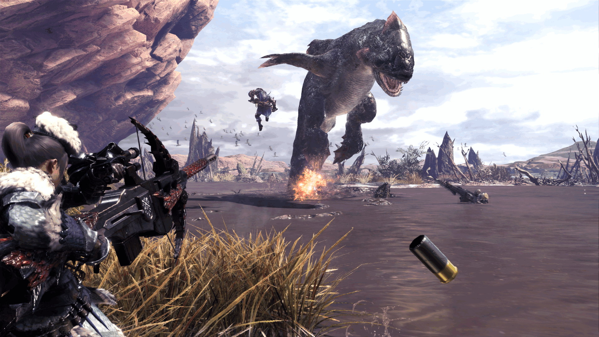 Monster Hunter: World screenshot: realistic, third-person, no outlines, realistic lighting (environment, character, combat)