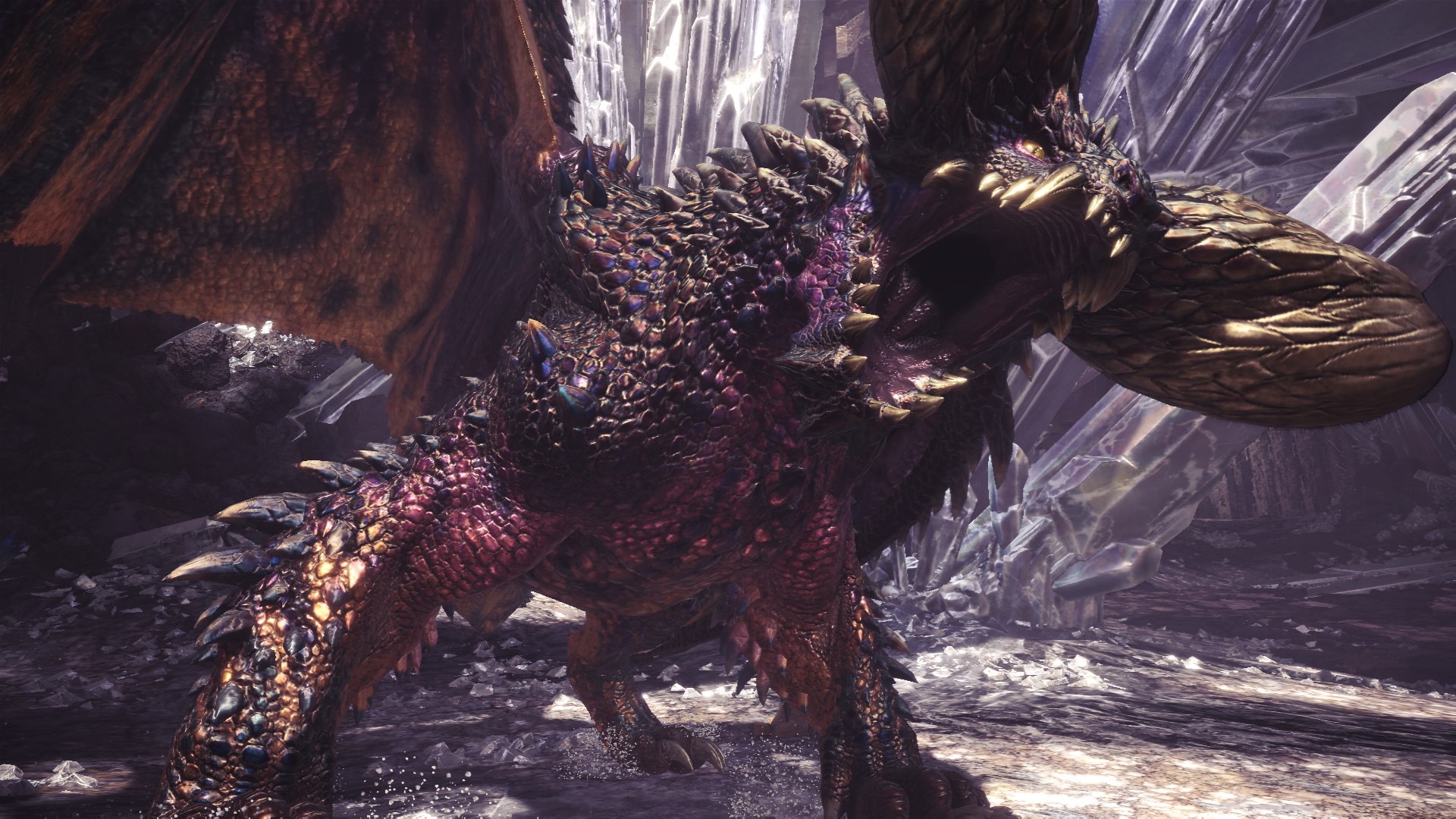 Monster Hunter: World screenshot: realistic, third-person, no outlines, realistic lighting (character, environment, cutscene)
