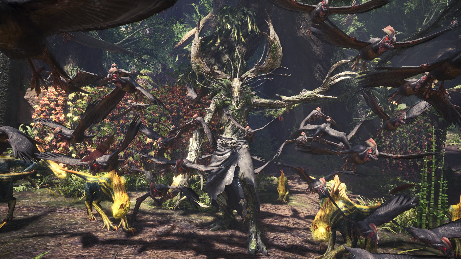 Monster Hunter: World screenshot: realistic, third-person, no outlines, realistic lighting (environment, character, cutscene)