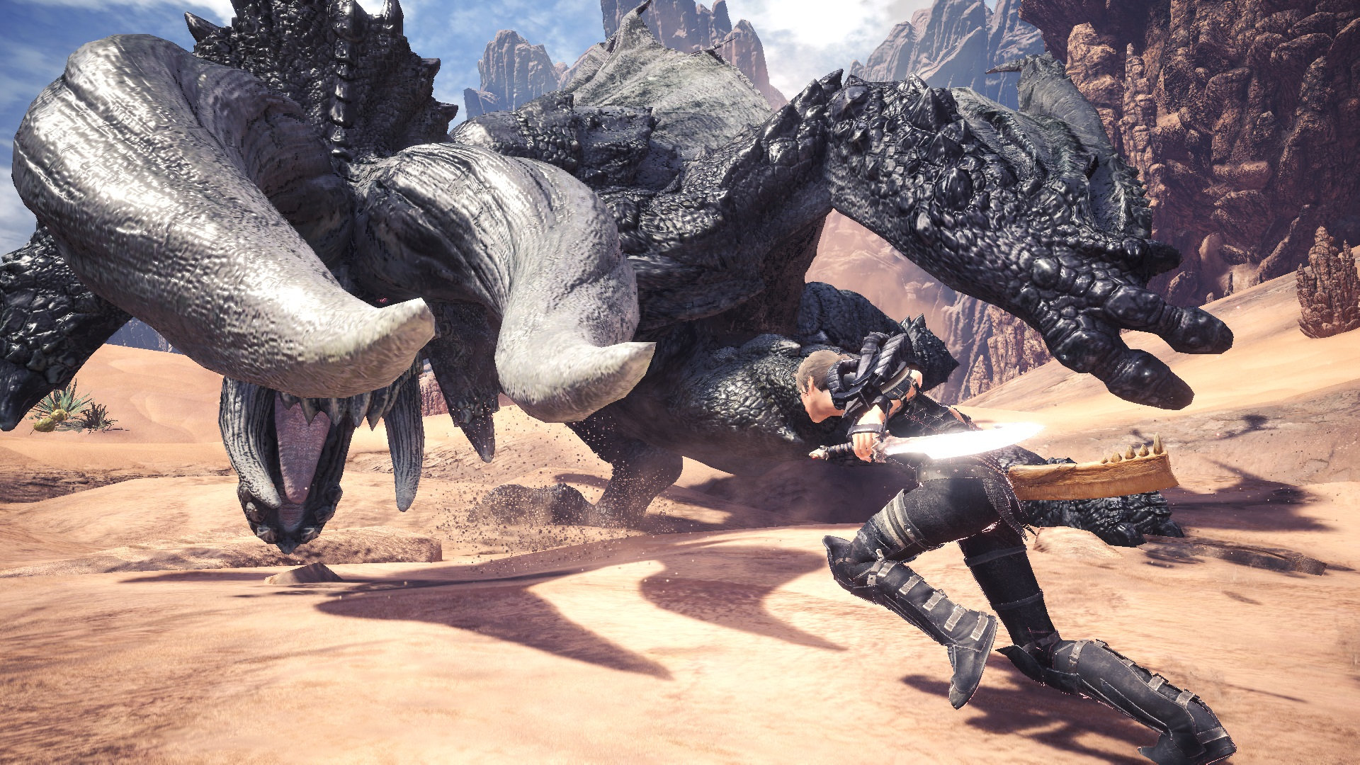 Monster Hunter: World screenshot: realistic, third-person, no outlines, realistic lighting (environment, character, combat)