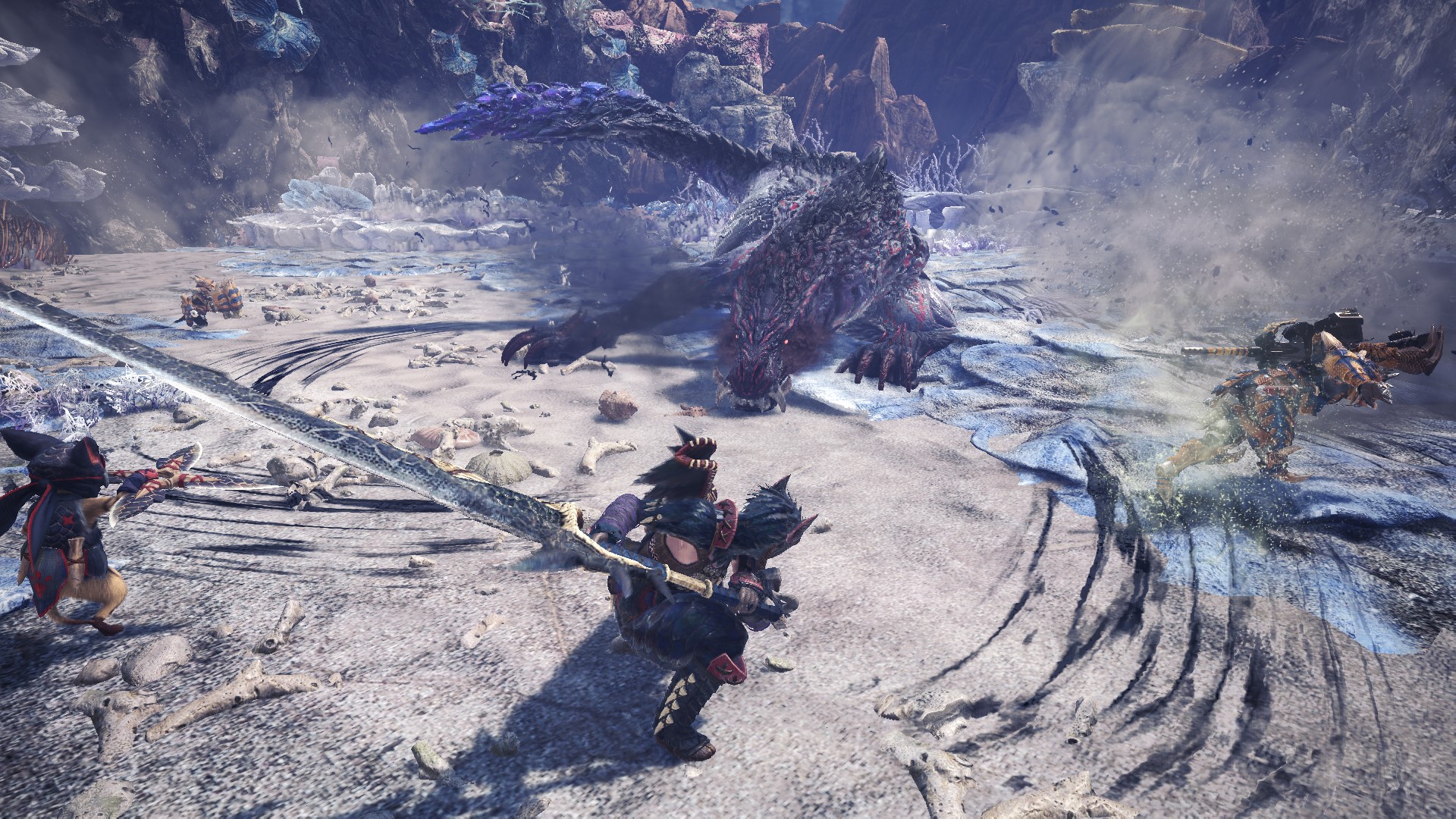 Monster Hunter: World screenshot: realistic, third-person, no outlines, realistic lighting (environment, combat)