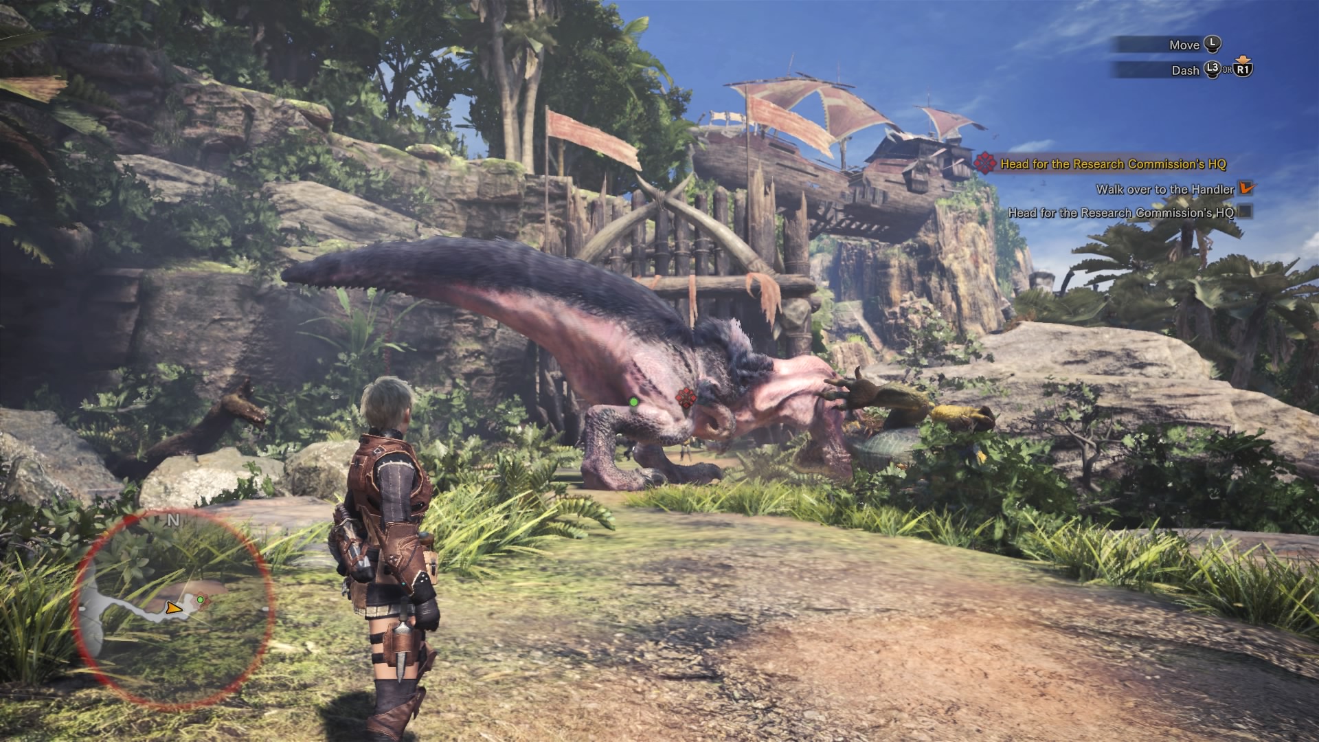 Monster Hunter: World screenshot: realistic, third-person, no outlines, realistic lighting (environment, character)