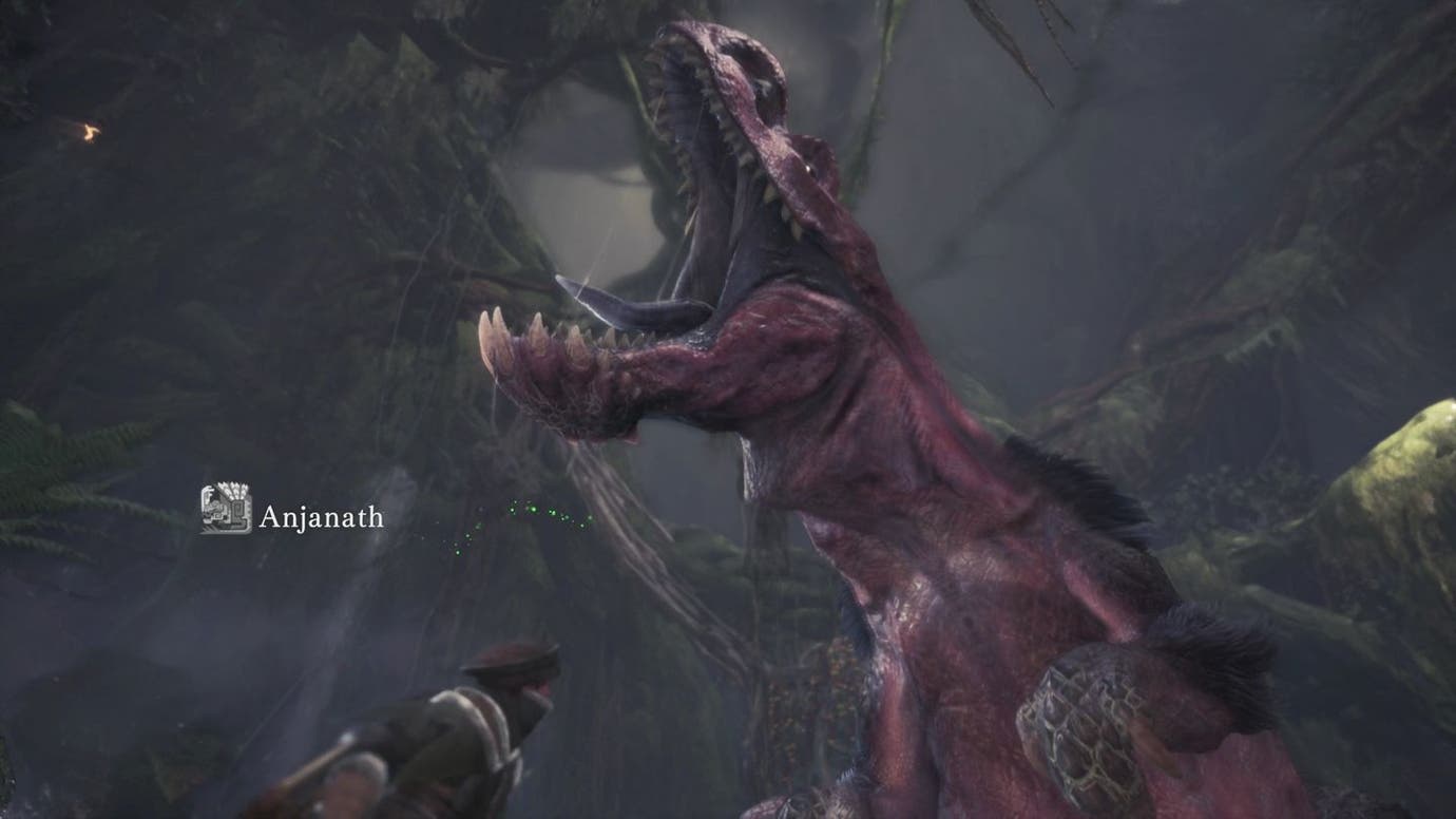 Monster Hunter: World screenshot: realistic, third-person, no outlines, realistic lighting (character, cutscene, environment)